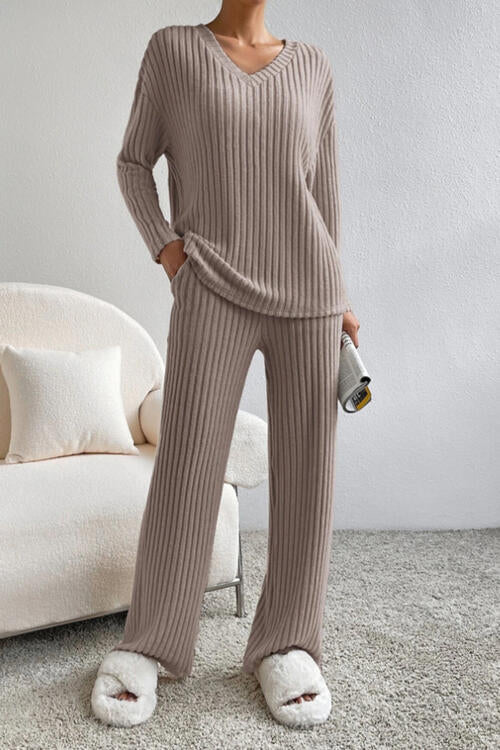 Ribbed V-Neck Top and Pants Set king-general-store-5710.myshopify.com