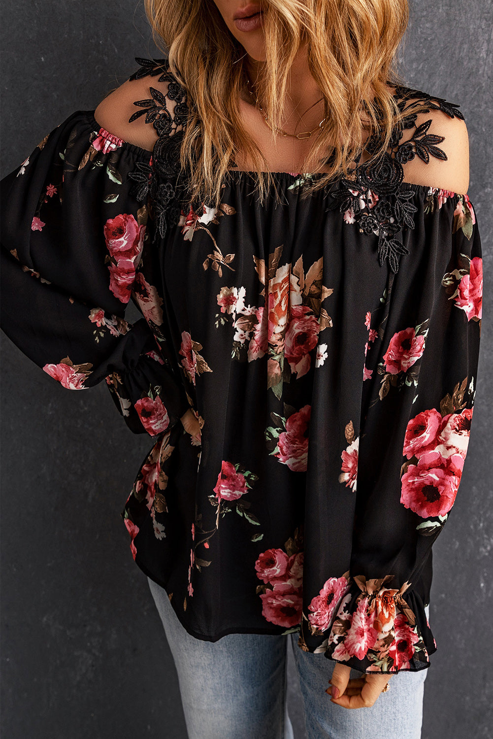 Floral Lace Cold-Shoulder Flounce Sleeve Blouse king-general-store-5710.myshopify.com