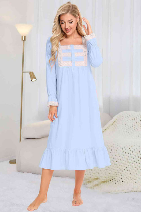 Lace Detail Square Neck Flounce Sleeve Night Dress king-general-store-5710.myshopify.com