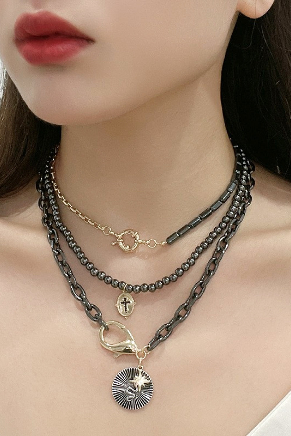 Snake and Cross Pendant Three-Piece Necklace Set king-general-store-5710.myshopify.com