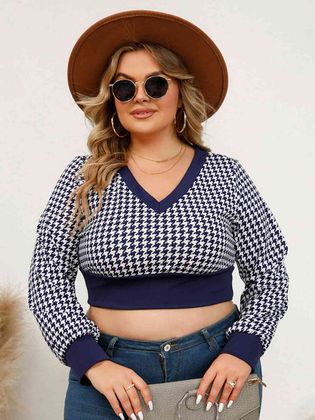 Plus Size Houndstooth V-Neck Long Sleeve Blouse king-general-store-5710.myshopify.com