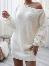 Rib-Knit Balloon Sleeve Boat Neck Sweater Dress king-general-store-5710.myshopify.com