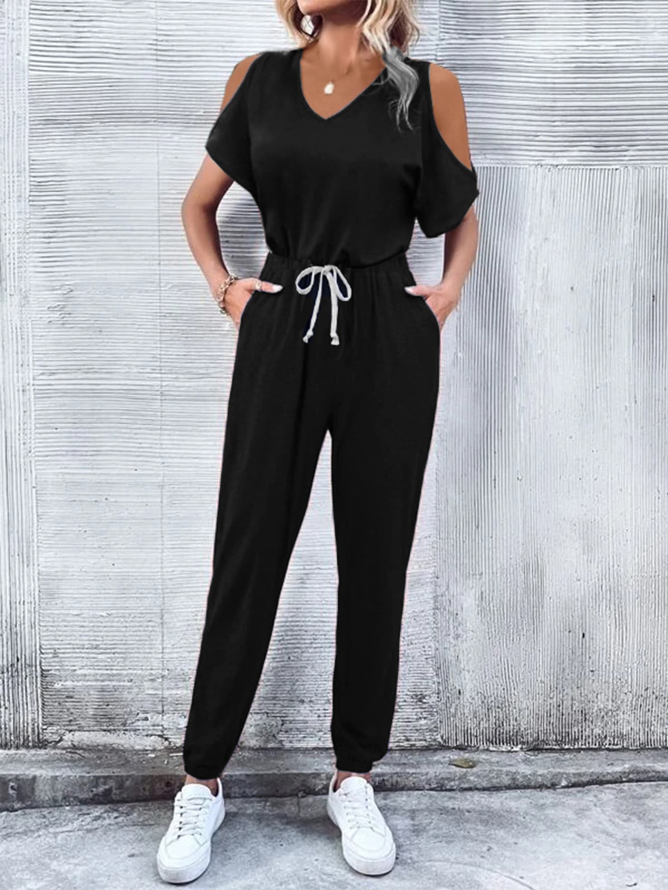 V-Neck Cold-Shoulder Jumpsuit with Pockets king-general-store-5710.myshopify.com