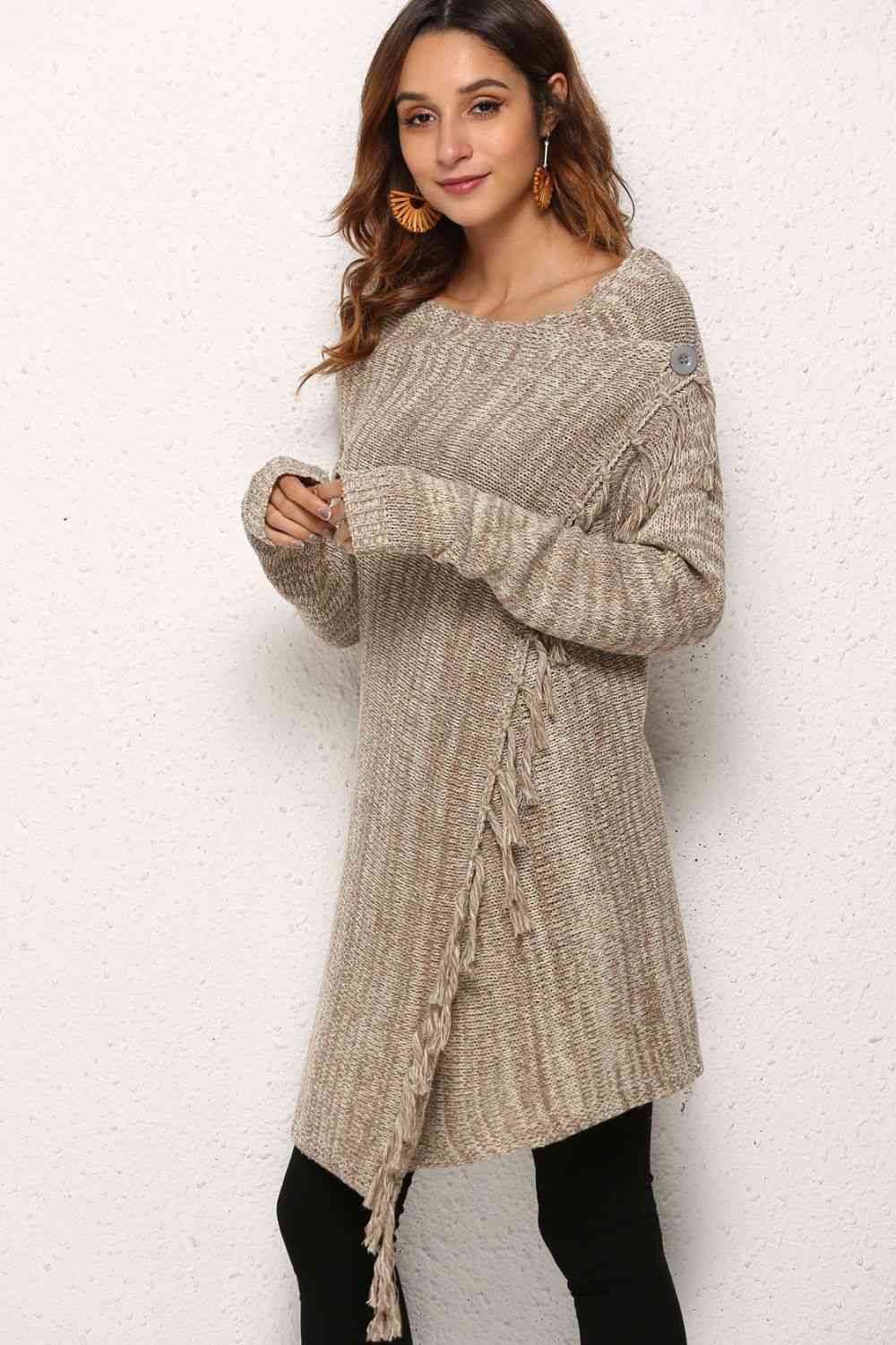 One-Button Tassel Tie Asymmetrical Hem Cardigan king-general-store-5710.myshopify.com