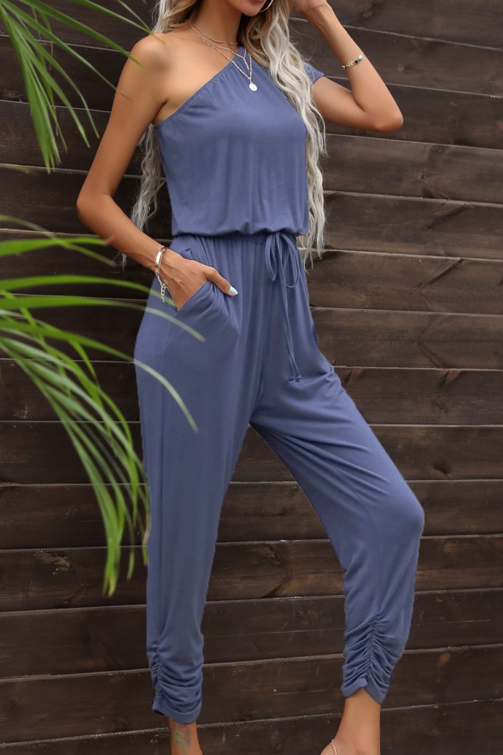 Drawstring Waist One-Shoulder Jumpsuit with Pockets king-general-store-5710.myshopify.com