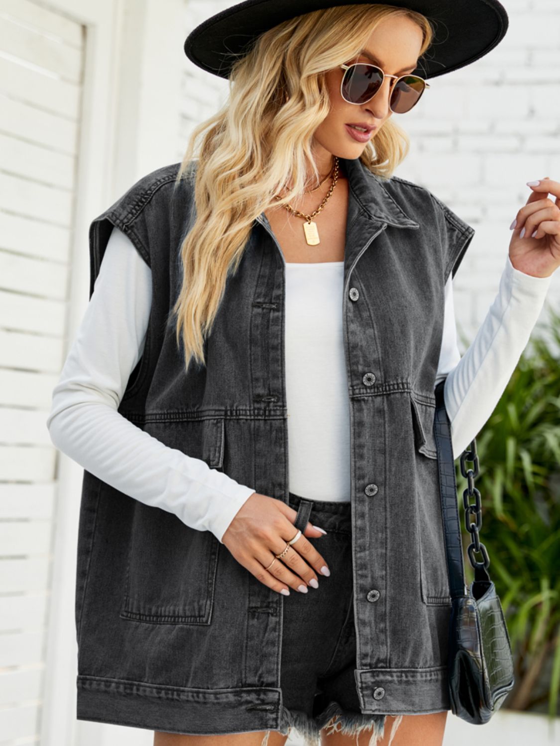 Collared Neck Sleeveless Denim Top with Pockets king-general-store-5710.myshopify.com