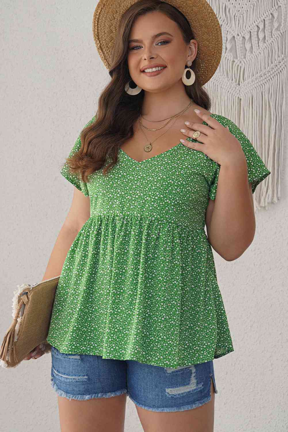 Ditsy Floral Flutter Sleeve Peplum Blouse king-general-store-5710.myshopify.com