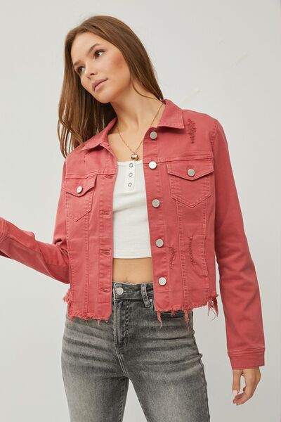 RISEN Raw Hem Button Up Cropped Denim Jacket king-general-store-5710.myshopify.com