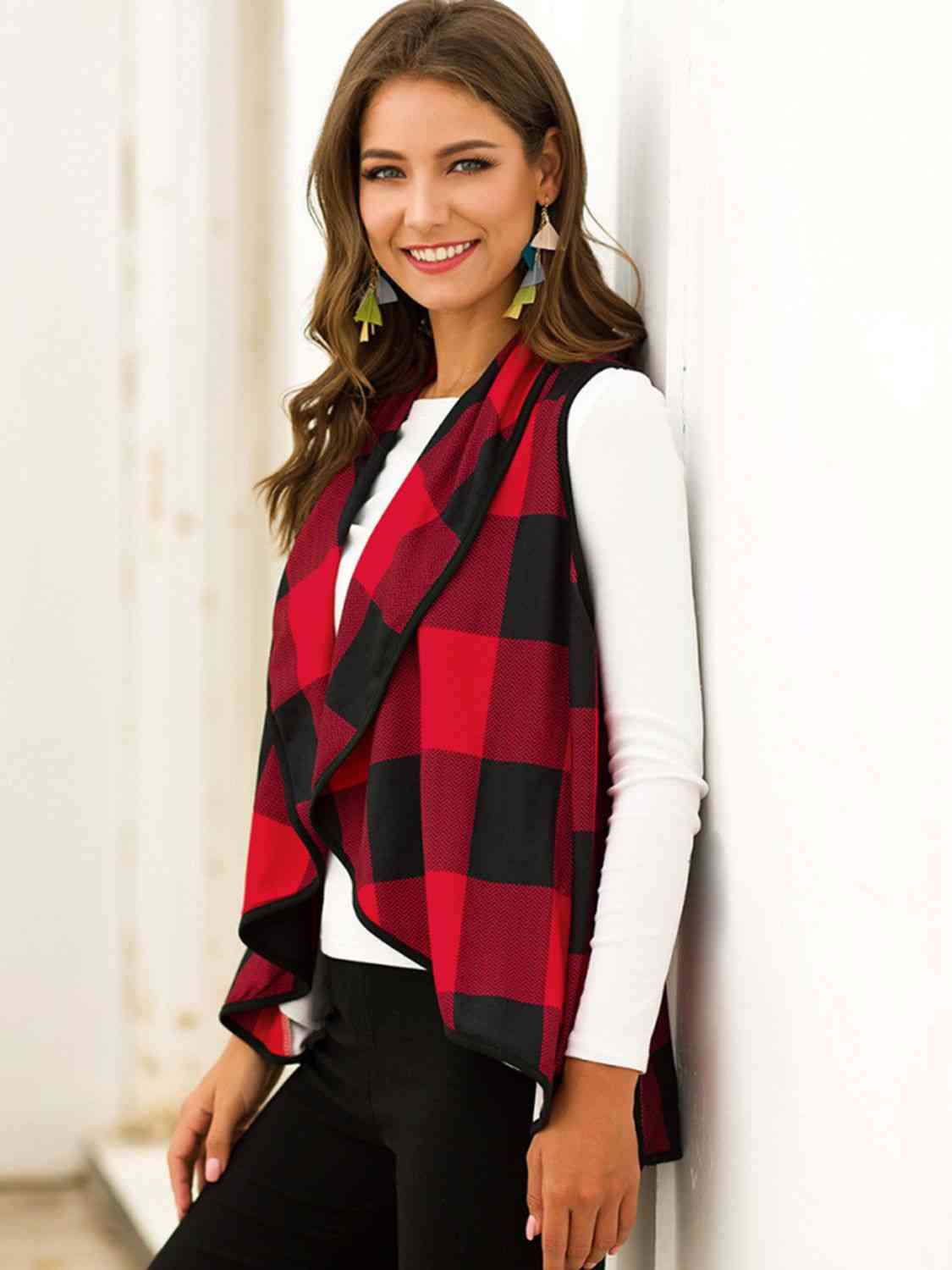 Plaid Open Front Sleeveless Cardigan king-general-store-5710.myshopify.com