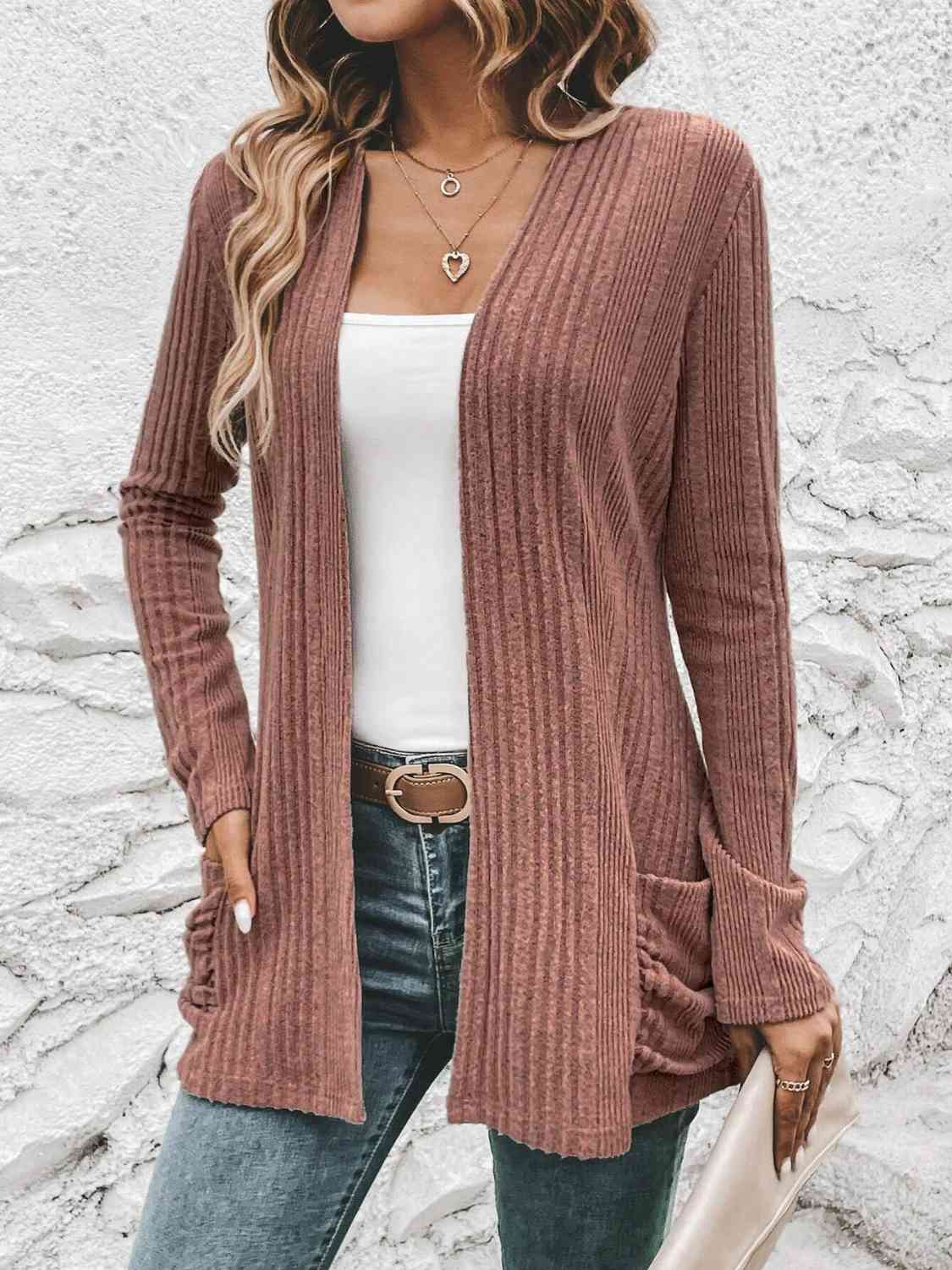 Ribbed Open Front Cardigan with Pockets king-general-store-5710.myshopify.com