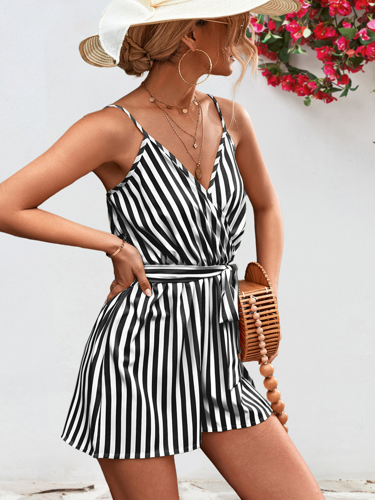 Striped Tie Waist Spaghetti Strap Romper king-general-store-5710.myshopify.com