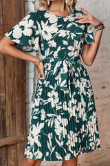 Floral Round Neck Tie Belt Pleated Dress king-general-store-5710.myshopify.com