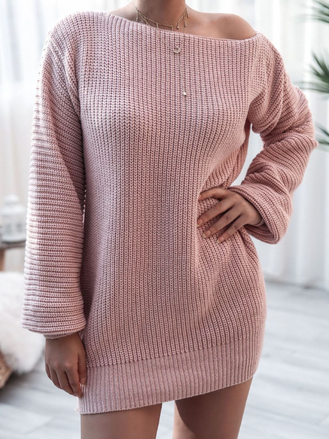 Rib-Knit Balloon Sleeve Boat Neck Sweater Dress king-general-store-5710.myshopify.com