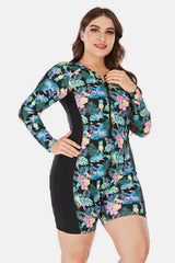 Plus Size Floral Zip Up  Long Sleeve Short Wetsuit king-general-store-5710.myshopify.com