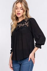 ACTIVE BASIC Crochet Lace Panel Flounce Sleeve Blouse king-general-store-5710.myshopify.com