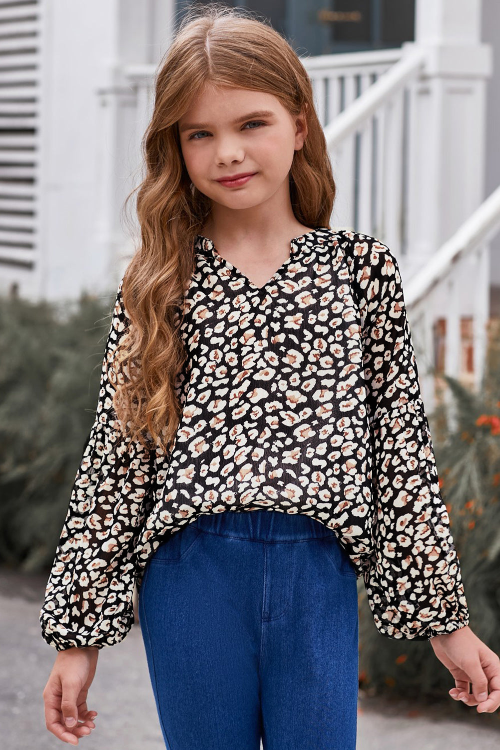 Girls Printed Notched Neck Puff Sleeve Blouse king-general-store-5710.myshopify.com