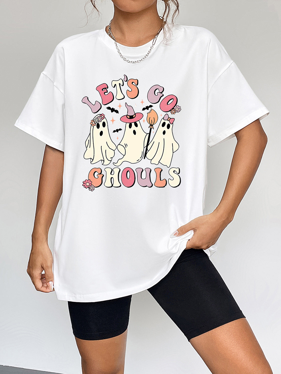 Round Neck Short Sleeve LET'S GO GHOULS Graphic T-Shirt king-general-store-5710.myshopify.com