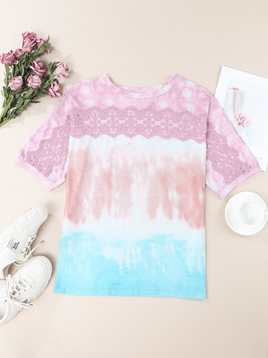 Tie-Dye Lace Trim Round Neck Top king-general-store-5710.myshopify.com