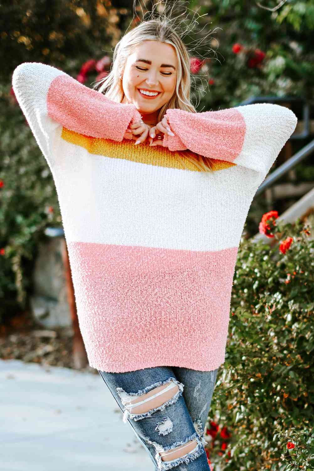 Plus Size Color Block Round Neck Sweater king-general-store-5710.myshopify.com