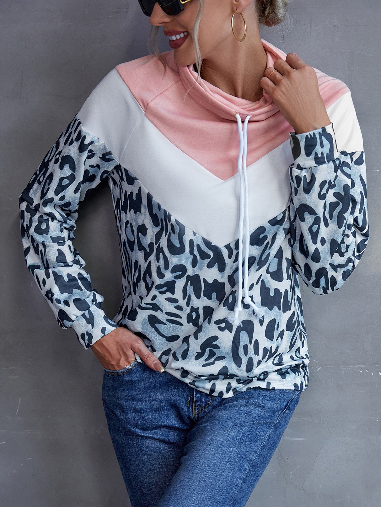 Leopard Color Block Drawstring Sweatshirt king-general-store-5710.myshopify.com