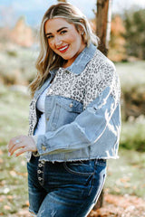 Plus Size Leopard Raw Hem Distressed Spliced Denim Jacket king-general-store-5710.myshopify.com