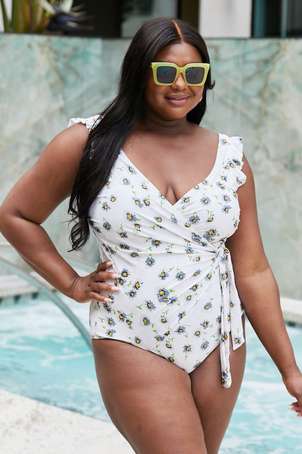 Marina West Swim Float On Ruffle Faux Wrap One-Piece in Daisy Cream king-general-store-5710.myshopify.com