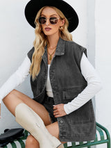 Collared Neck Sleeveless Denim Top with Pockets king-general-store-5710.myshopify.com