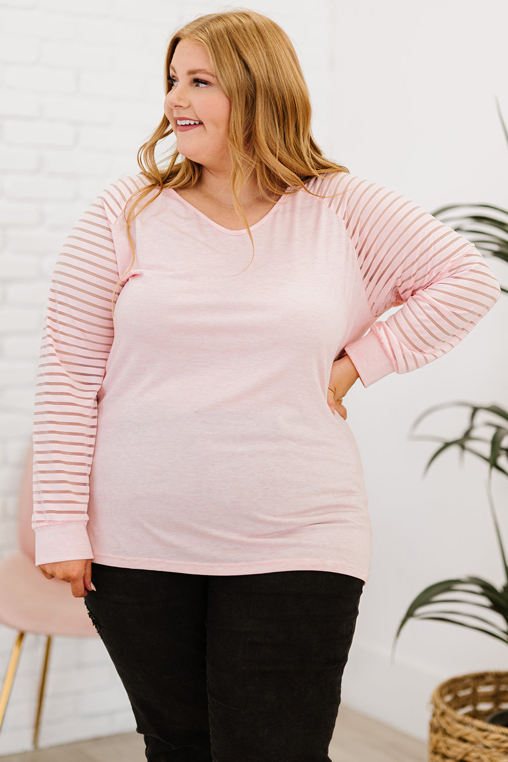 Plus Size Sheer Striped Sleeve V-Neck Top king-general-store-5710.myshopify.com