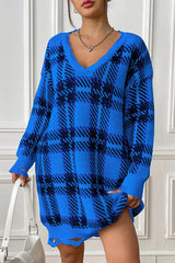 Plaid V-Neck Long Sleeve Sweater Dress king-general-store-5710.myshopify.com