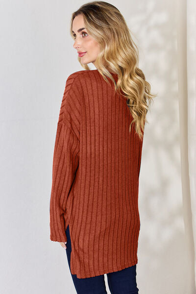 Basic Bae Full Size Ribbed Half Button Long Sleeve High-Low T-Shirt king-general-store-5710.myshopify.com