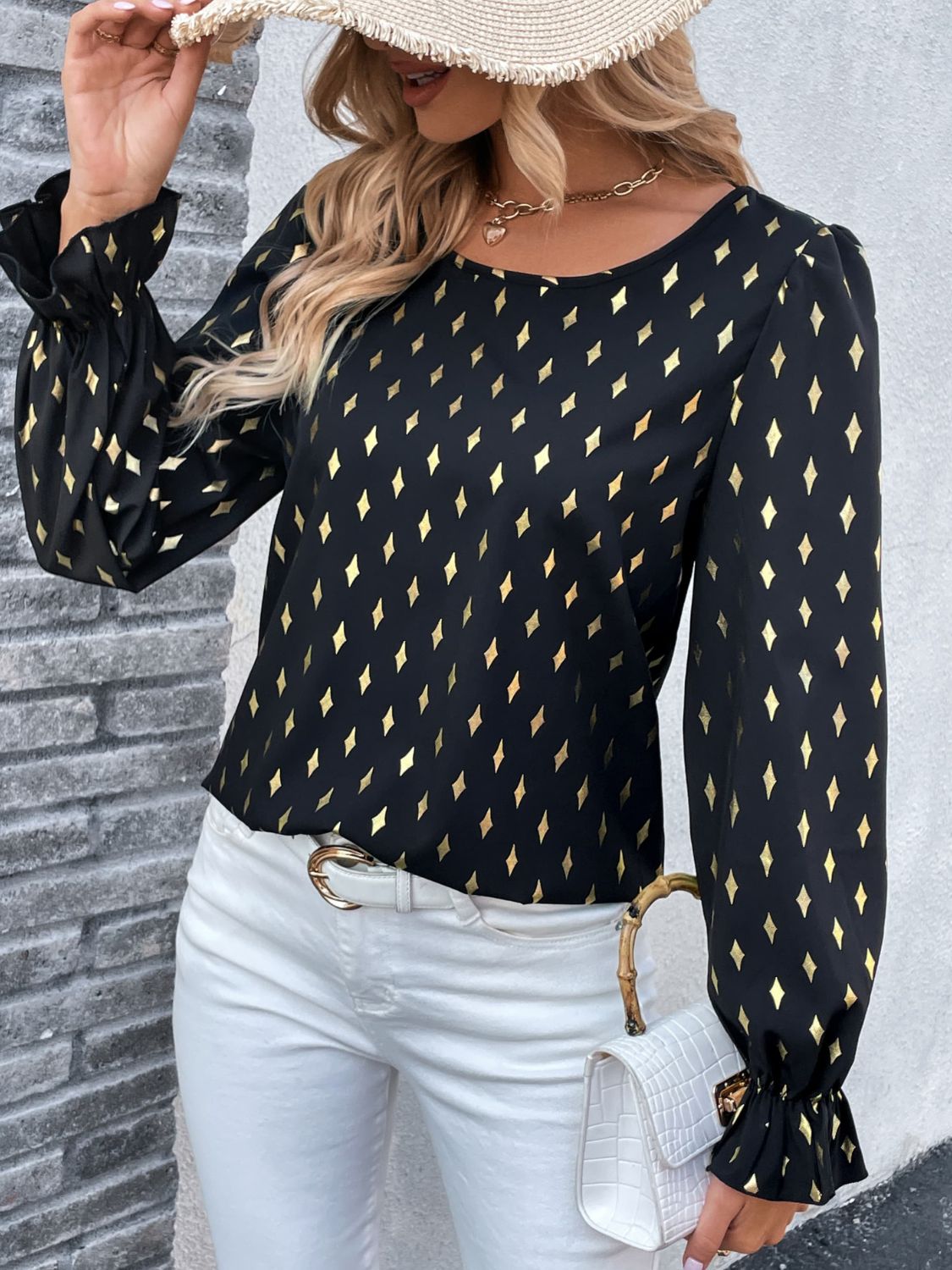 Printed Round Neck Flounce Sleeve Blouse king-general-store-5710.myshopify.com