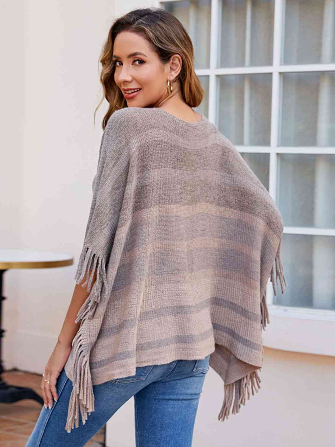 Striped Boat Neck Poncho with Fringes king-general-store-5710.myshopify.com