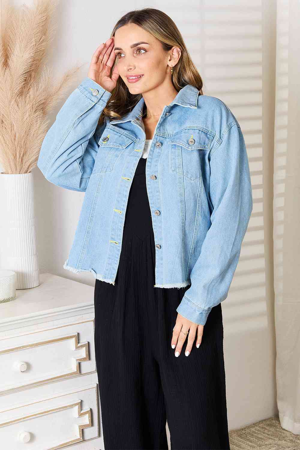 Double Take Dropped Shoulder Raw Hem Denim Jacket king-general-store-5710.myshopify.com