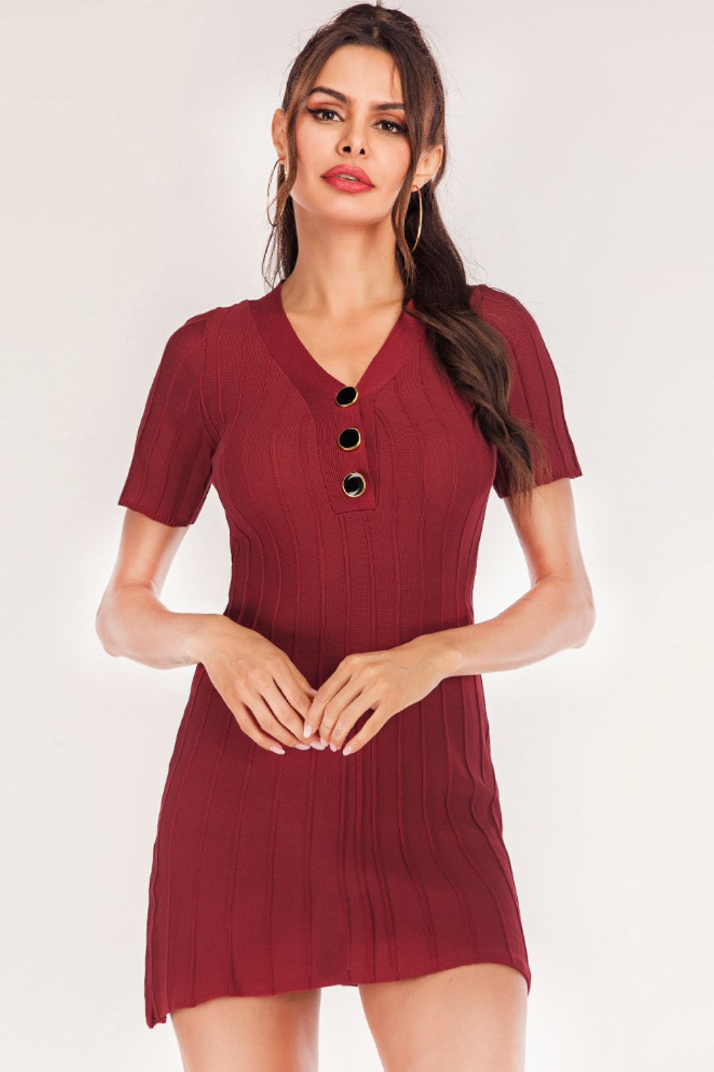 Buttoned Short Sleeve V-Neck Knit Dress king-general-store-5710.myshopify.com