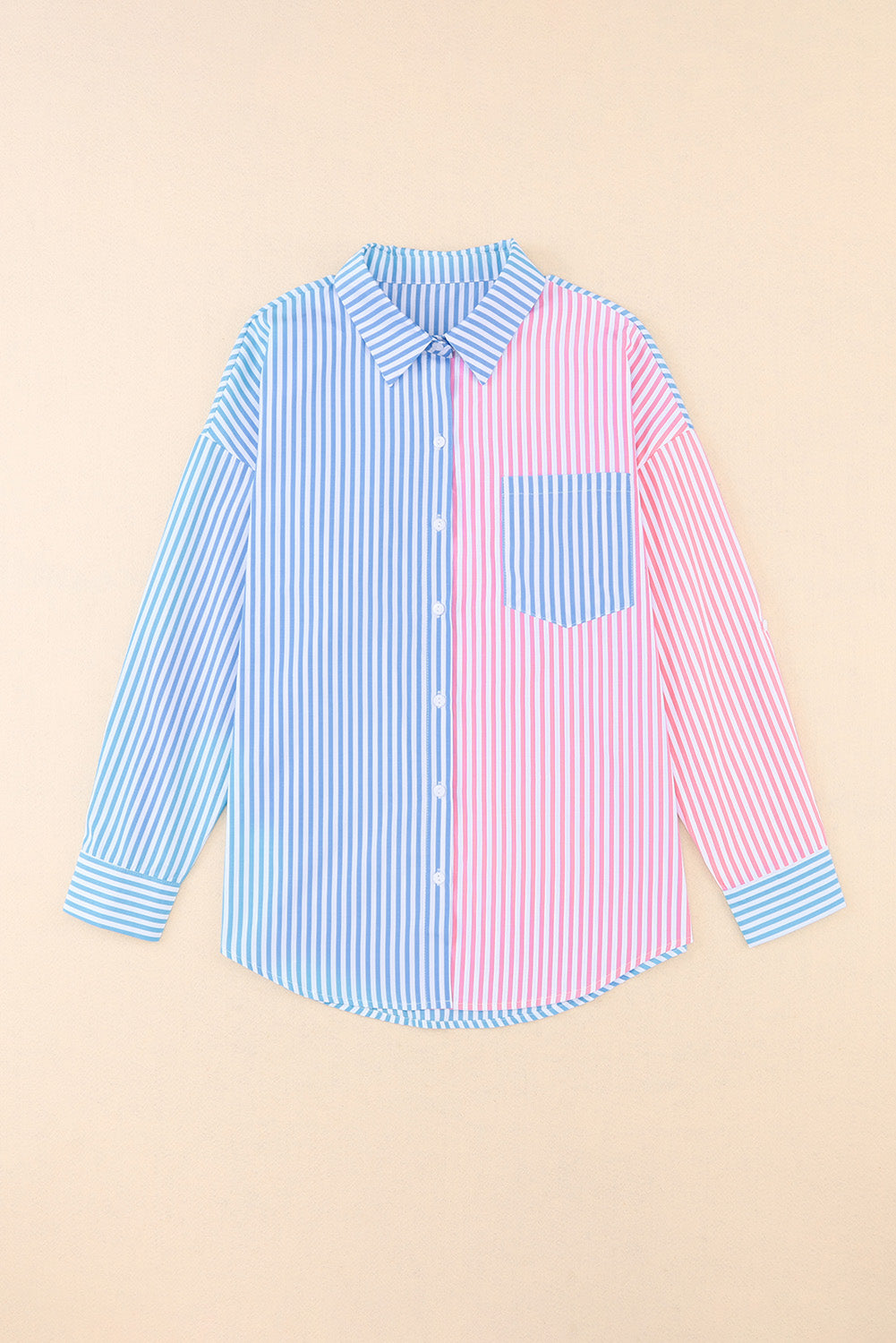 Striped Two-Tone Long Sleeve Shirt with Pocket king-general-store-5710.myshopify.com