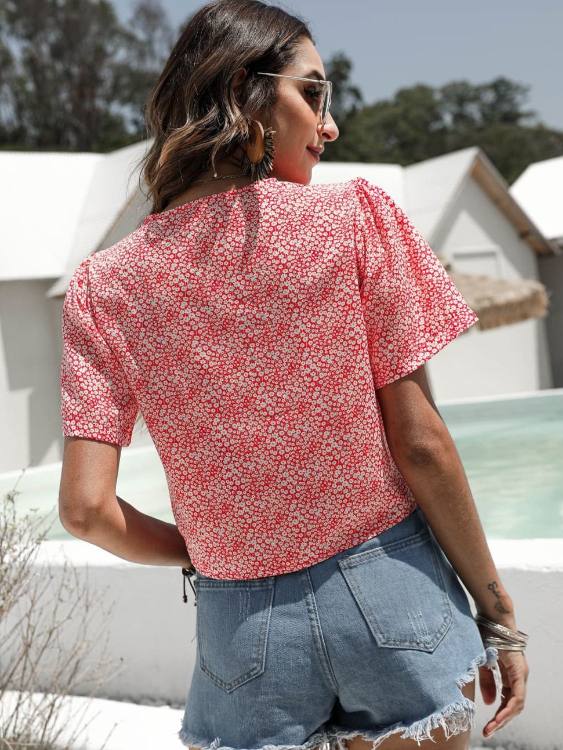 Floral Drawstring Deep V Cropped Blouse king-general-store-5710.myshopify.com