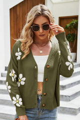 Floral Ribbed Trim Drop Shoulder Cardigan king-general-store-5710.myshopify.com