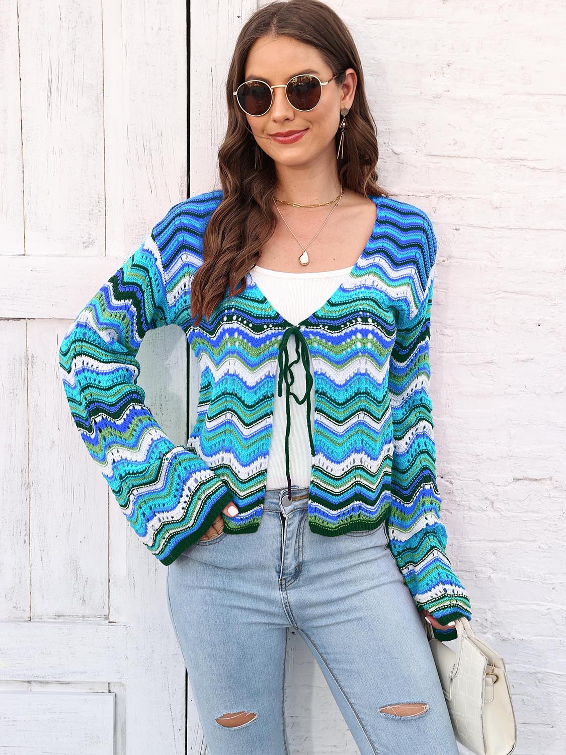 Striped Openwork Tied Cardigan king-general-store-5710.myshopify.com