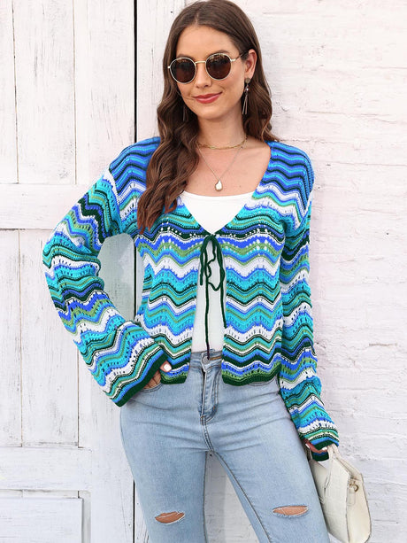 Striped Openwork Tied Cardigan king-general-store-5710.myshopify.com