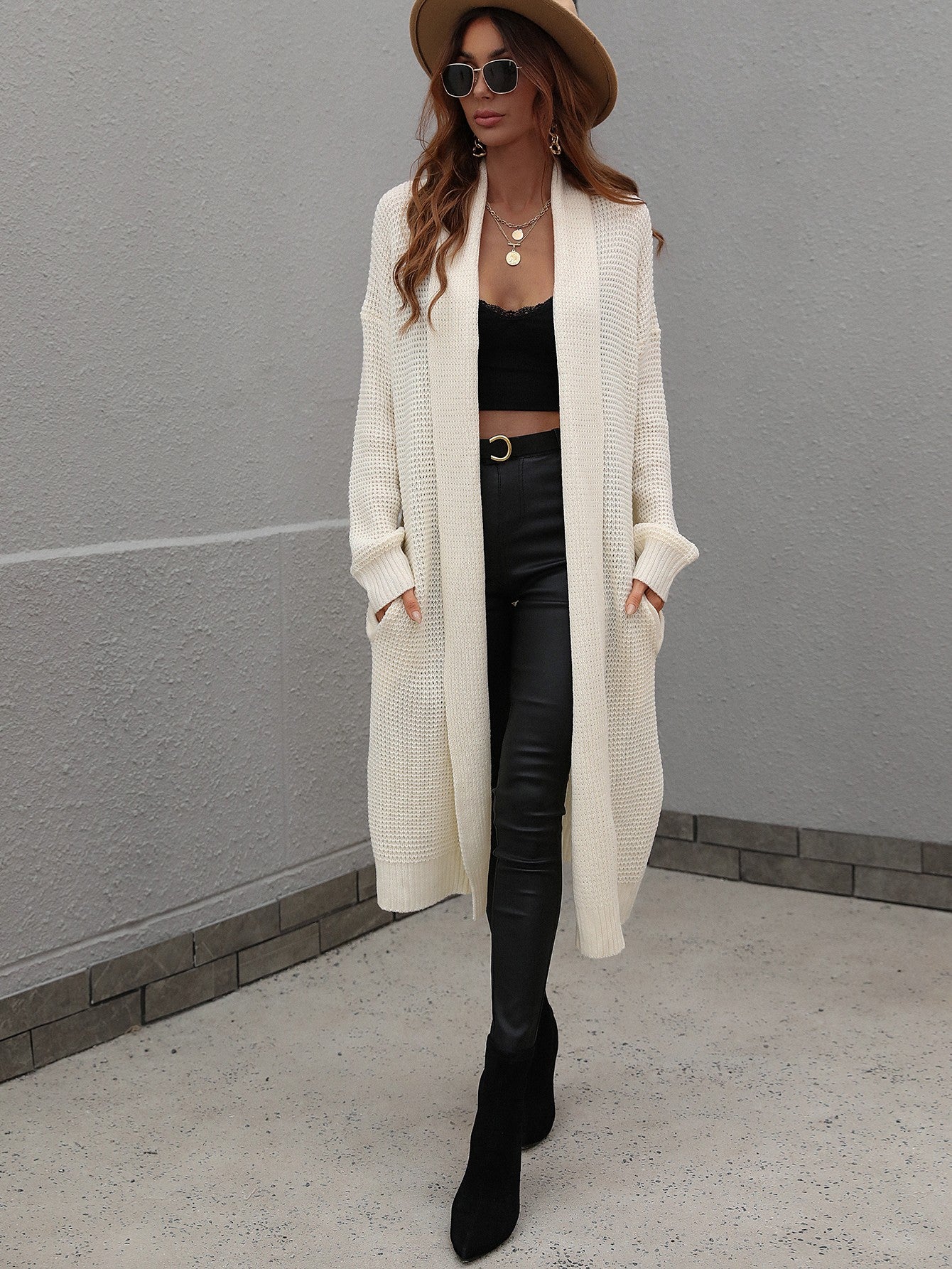 Double Take Waffle Knit Open Front Duster Cardigan With Pockets king-general-store-5710.myshopify.com