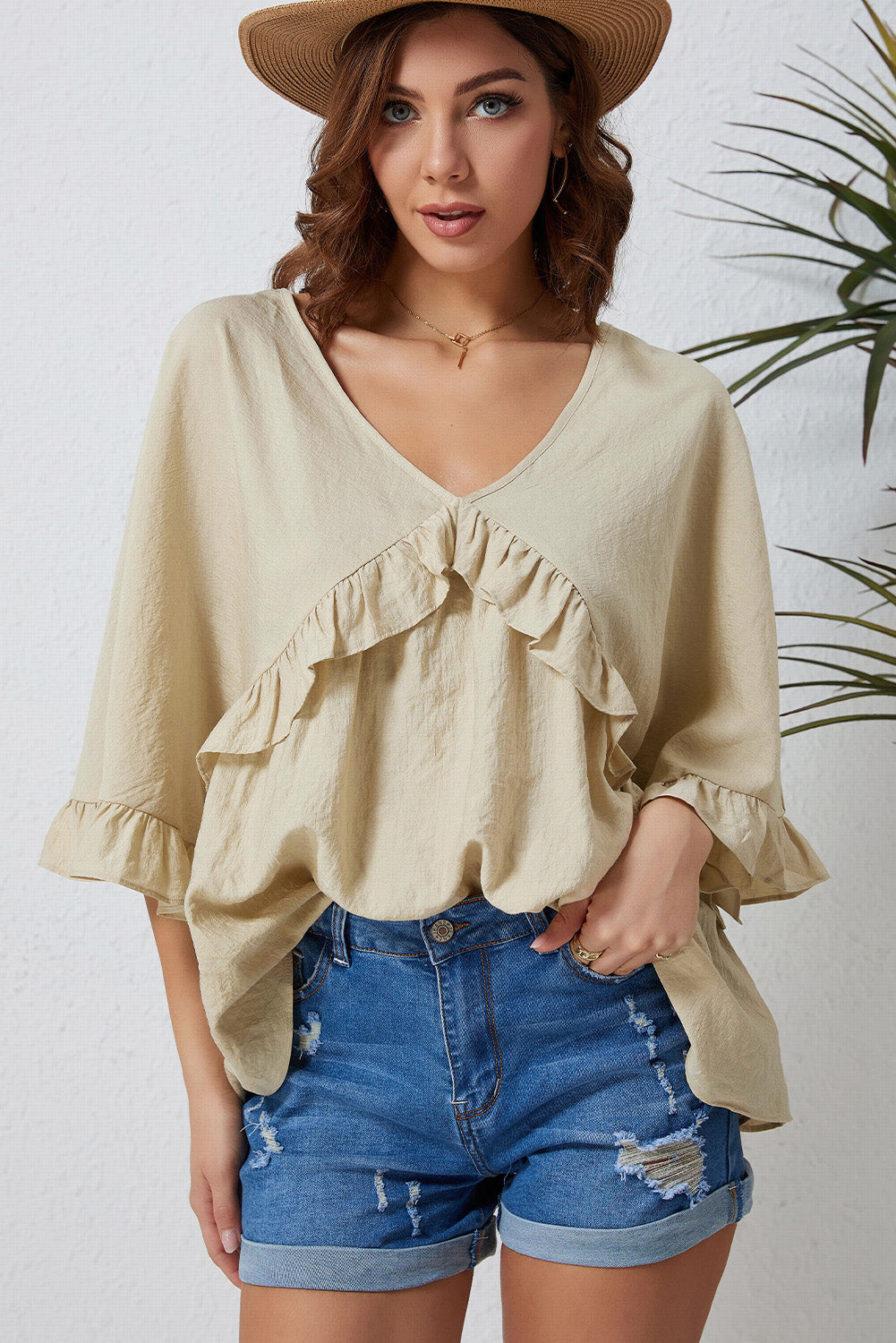 Ruffled V-Neck Half Sleeve Blouse king-general-store-5710.myshopify.com