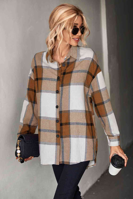 Plaid Collared Neck Longline Shirt king-general-store-5710.myshopify.com