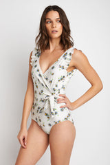 Marina West Swim Float On Ruffle Faux Wrap One-Piece in Daisy Cream king-general-store-5710.myshopify.com