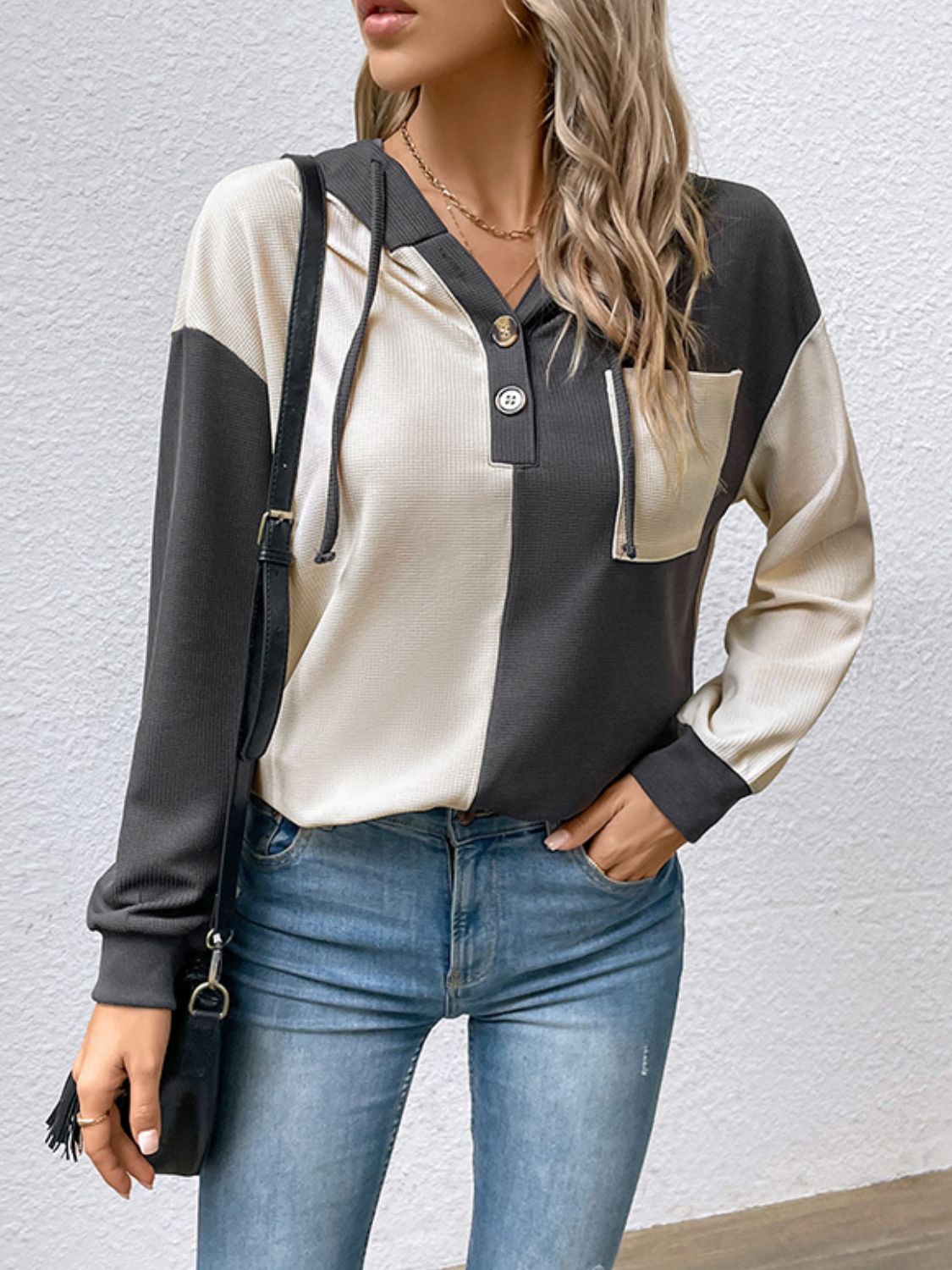 Contrast Color Button-Up Raglan Sleeve Hoodie king-general-store-5710.myshopify.com