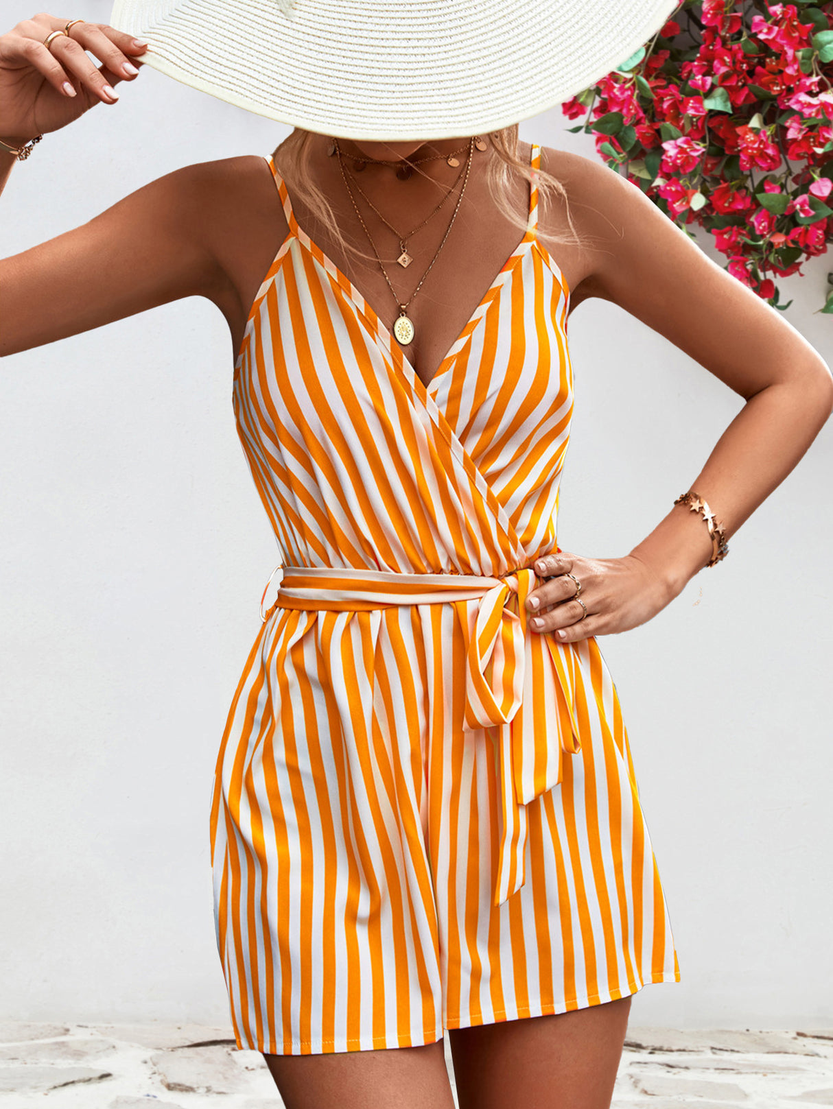 Striped Tie Waist Spaghetti Strap Romper king-general-store-5710.myshopify.com