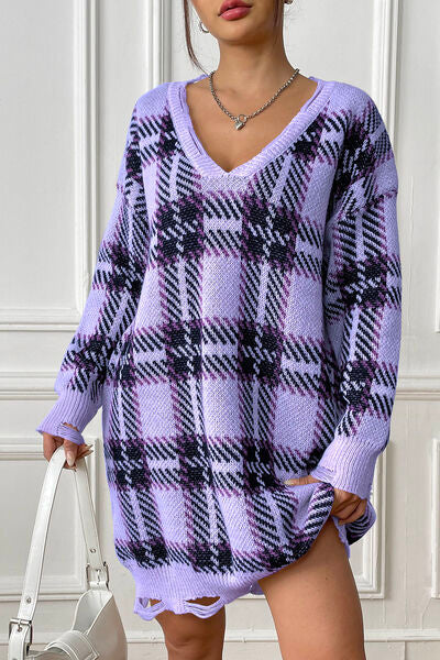 Plaid V-Neck Long Sleeve Sweater Dress king-general-store-5710.myshopify.com