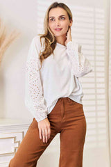 Double Take Eyelet Dropped Shoulder Round Neck Blouse king-general-store-5710.myshopify.com