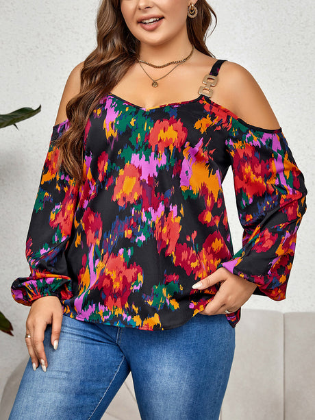 Plus Size Printed Cold Shoulder Long Sleeve Blouse king-general-store-5710.myshopify.com