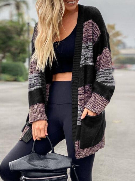 Striped Open Front Long Sleeve Cardigan with Pockets king-general-store-5710.myshopify.com