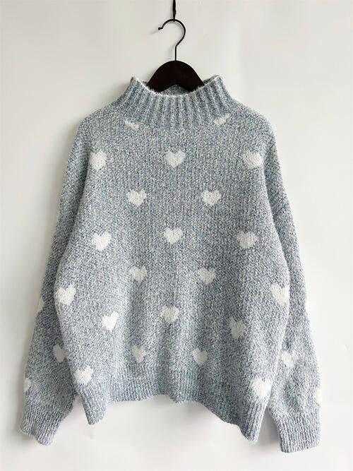 Heart Heathered Turtleneck Drop Shoulder Sweater king-general-store-5710.myshopify.com